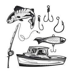 Essential gear for an exciting fishing adventure with boat, rod, and various hooks isolated on white background, Vector