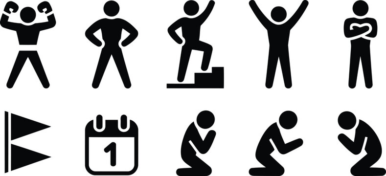 A collection of black stick figures and icons depicting various human actions and symbolic elements on white