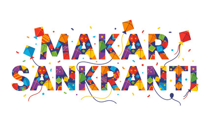 A creative typography design of 'Makar Sankranti' constructed from vibrant, colorful kites, isolated on a white background.
