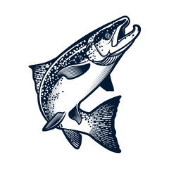 A leaping salmon vector illustration in a vintage woodcut style, perfect for fishing designs isolated on white background, Vector