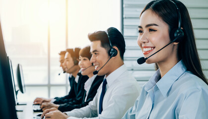 Portrait Of A Smiling Diverse Customer Support Team Wearing Headsets In A Modern Call Center, Customer Service, Support, Team, Call Center, Headsets, Diversity, Happy, Professional, Bright, Studio Lig