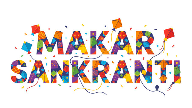 A creative typography design of 'Makar Sankranti' constructed from vibrant, colorful kites, isolated on a white background.
