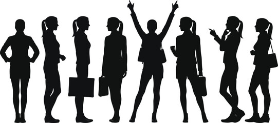 A dynamic lineup of women silhouettes in varied business and casual attire on a crisp white backdrop