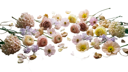 Soft pastel colored flowers including roses, ranunculus, and hydrangeas scattered isolated on a transparent background