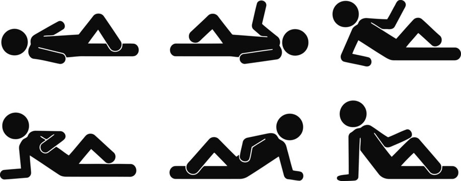 A series of six black stick figures representing different reclining and lying down postures on a white surface