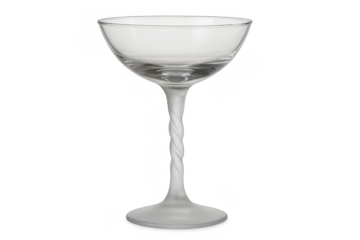 Coupe champagne glass with twisted frosted stem on transparent background, celebrating special moments with vintage elegance