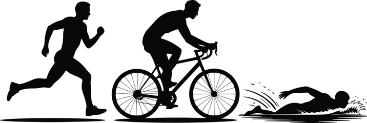 Silhouettes of a man running, cycling on a bicycle, and swimming in water for a triathlon event