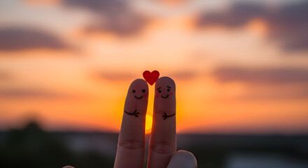 Two happy fingers with painted smiley faces hugging and holding a red heart shape against a warm sunset sky, concept of love and romance for Valentine's Day