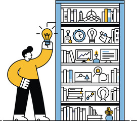 Person Reaching for Lightbulb in Knowledge Library Interior, Concept View