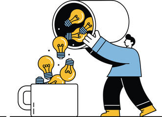 Vector Illustration of Person Pouring Lightbulbs into Mug, Business Creativity Concept