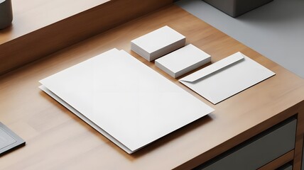 Blank white stationery mockup set on wooden desk for advertising and branding