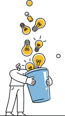 Vector Illustration of Person Collecting Light Bulb Ideas Indoors, Creative Concept