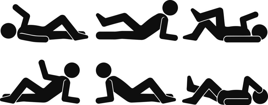 Six simple black silhouette icons illustrating a person resting in various relaxed lying positions