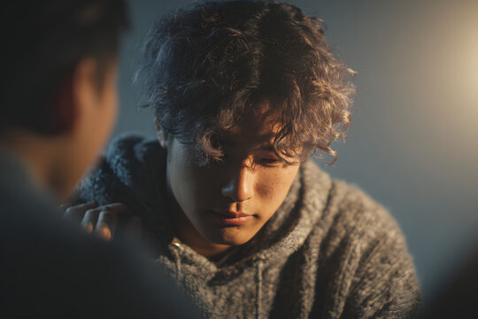 Teenager sitting with head in hands being comforted by young Asian man during group therapy session, supportive gesture showing empathy and emotional support - Powered by Adobe