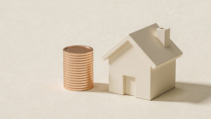 Minimal 3D House and Gold Coins Representing Real Estate Investment.