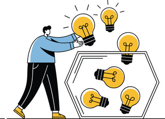 Vector Illustration of Person Placing Lightbulbs, Idea Concept, Indoors, Side View