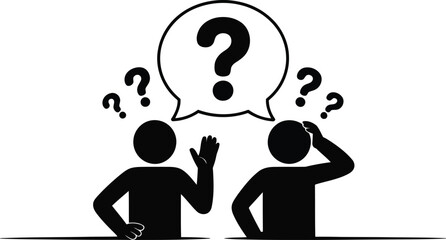 Two simple human figures pondering difficult questions with speech bubbles filled with uncertainty