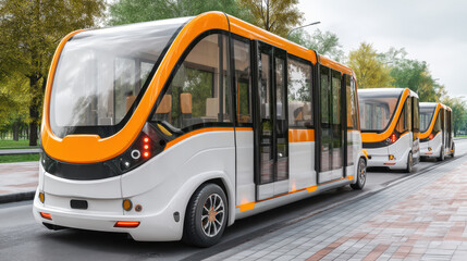 Three white and orange autonomous shuttle buses are lined up and waiting to transport passengers on a city street with trees in the background on a cloudy day.