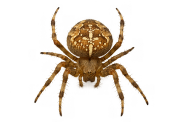 Garden orb-weaver spider displaying distinctive cross pattern on its abdomen, isolated with transparent background