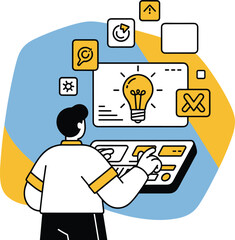 Vector Business Person Analyzing Creative Ideas in Modern Workspace Illustration
