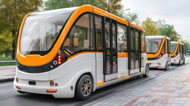 Three white and orange autonomous shuttle buses are lined up and waiting to transport passengers on a city street with trees in the background on a cloudy day.