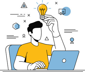 Vector Creative Thinking Business Person at Desk with Lightbulb Idea