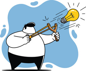 Vector Businessman Launching Creative Idea with Slingshot in Abstract Environment