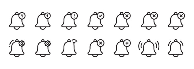 Notification bell line icon set with alerts, checks, and cross symbols for user interface design