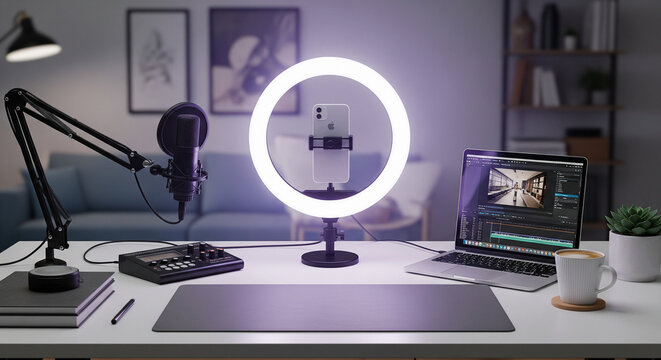 Content Creator Studio Setup
A professional desk setup for streaming and vlogging featuring a ring light with a smartphone, a high-quality microphone on a boom arm