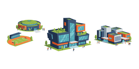 Isometric university campus with modern buildings and stadium