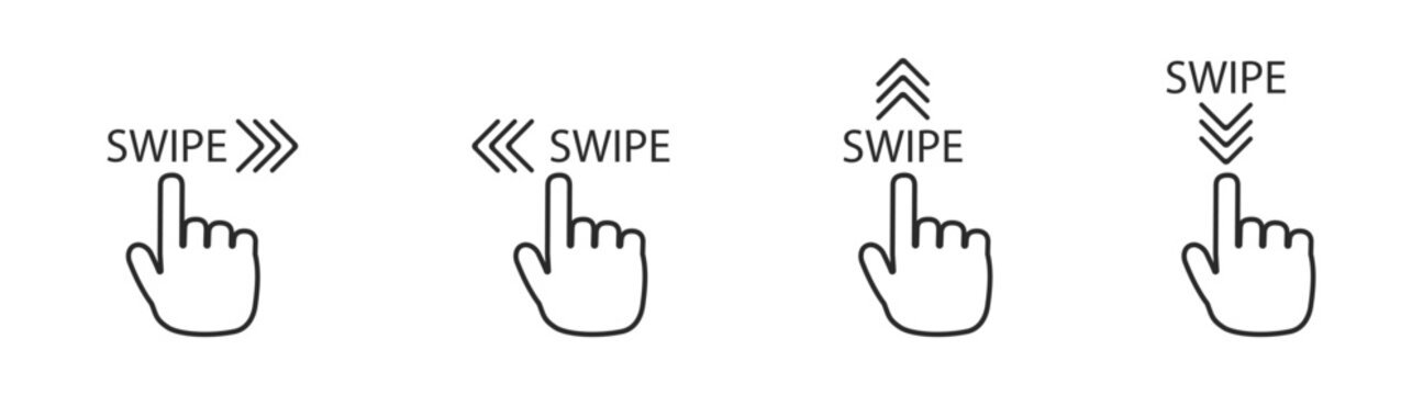 Swipe hand gesture arrow icon set for mobile app interface, vector illustration, flat design, touchscreen navigation, isolated on transparent background.
