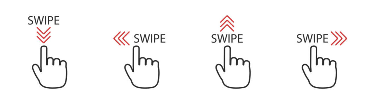 Gesture swipe icon set with hand and finger for touch screen, mobile interface, arrows, tap, click, slide, scroll, navigation, buttons, rotate, move, digital user interface on transparent background.