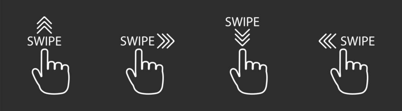 Hand gesture swipe and scroll icon set with finger tap, click, arrow, and navigation interface for mobile app design, vector illustration