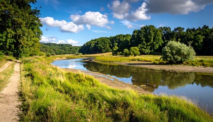 Serene River Winding Through Lush Landscape.