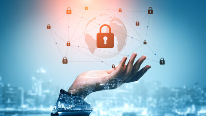 Hands visualizing digital security with lock icons overlaying a globe and cityscape. This image represents themes of protection, privacy, and technology advancement in cybersecurity. Gantry