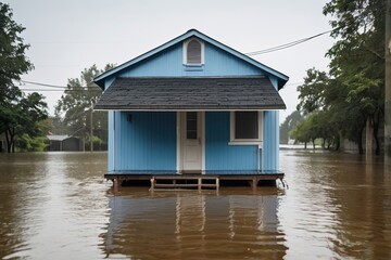 Fototapeta premium Small house struggles to stay afloat under