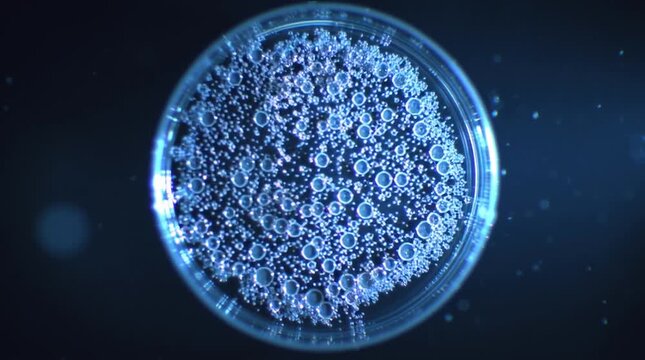 Time-lapse of a single bacterium multiplying into a large circular colony in a petri dish over 24 hours, visualizing bacterial growth, reproduction and microbiology processes.
