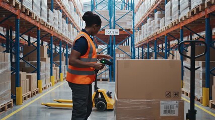 Woman warehouse worker scans boxes with barcode scanner in logistics center. Employee uses scanner on pallet boxes. Worker scanning inventory in warehouse. Scanner tracks boxes in distribution center. - Powered by Adobe