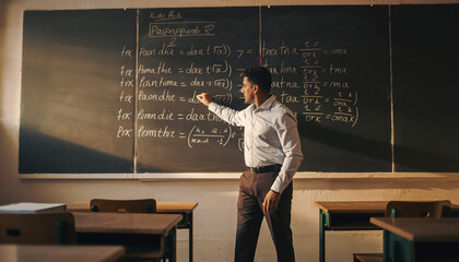 Teacher Writing A Math Equation On A Blackboard In A Classroom, Education, Teaching, Mathematics, Classroom, School, Learning, Traditional, Realistic