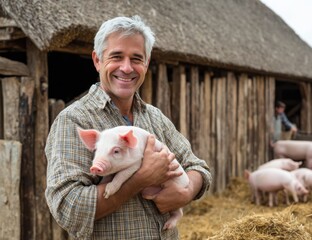 male farmer holding a piglet in a farm