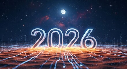 Futuristic representation of the year 2026 in a digital landscape