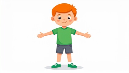 Fototapeta premium Cartoon boy with outstretched arms, green shirt and gray shorts