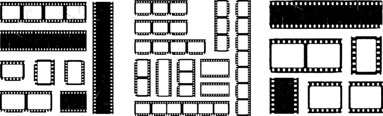 Vintage Film Strip Frame Collection with Grunge Grain Texture and Empty Photo Slots, Retro Cinema Border Vector Set.