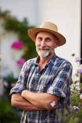 happy, middle-aged male gardener in a straw hat