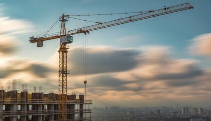 Timelapse Of Construction Crane Building Rising Against Moving Clouds, Urban Development, Building Progress, City Growth, Architectural Construction