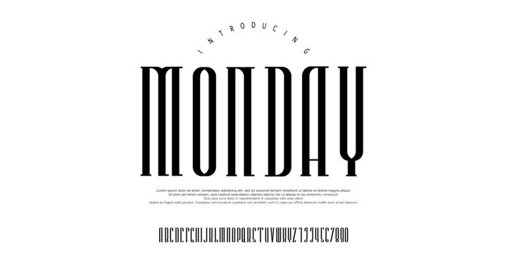 Monday font is A tall condensed modern display font with strong vertical lines and clean geometry, ideal for headlines and branding.