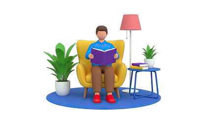 3D Render of Man Reading Book in Cozy Living Room