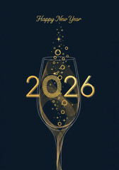 Happy new year 2026 elegant champagne glass with golden bubbles