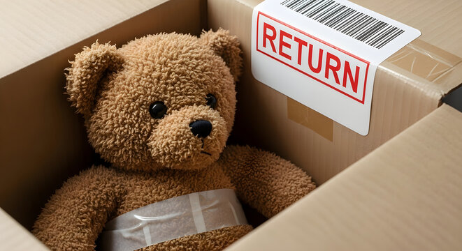 Brown teddy bear packed inside cardboard shipping box with red return label and barcode, representing concept of rejected gift, loneliness and unwanted present after Xmas holidays