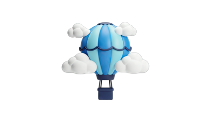 3D Rendered Blue Hot Air Balloon Floating with Clouds